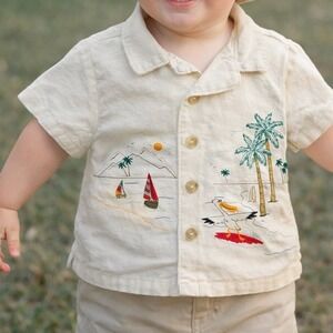 Old Navy Button Up Shirt Kids 12-18M Cream Linen Blend Beach Scene Embroidered